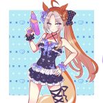  1girl ahoge animal_ears bare_shoulders black_one-piece_swimsuit blue_bow blue_eyes blush bow braid breasts carrot casual_one-piece_swimsuit closed_mouth collarbone colored_bangs commentary_request hair_bow heart highres holding holding_water_gun horse_ears horse_girl horse_tail long_hair looking_at_viewer multicolored_hair one-piece_swimsuit orfevre_(umamusume) ponytail scrunchie shibamochi_(rain178straw) shirt small_breasts smile solo swimsuit tail two-tone_hair umamusume water_gun white_hair wrist_scrunchie 