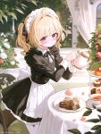  0kizakura 1girl ahoge apron arch artist_name black_dress black_ribbon blonde_hair blunt_bangs blurry blurry_background blush bow bow_apron bush buttons chair checkerboard_cookie closed_mouth clothing_cutout collared_shirt commission cookie cowboy_shot cup curtains day dessert dress flower flustered food frilled_apron frills from_side garden garter_straps hair_intakes hair_ribbon heart heart_button heart_cutout heart_in_eye highres holding holding_teapot juliet_sleeves leaning_forward long_sleeves looking_at_viewer maid maid_headdress miniskirt neck_ribbon original outdoors pants pink_eyes pink_flower pink_rose plate puffy_sleeves ribbon rose round_table saucer shirt short_hair short_twintails skirt sleeve_cuffs solo stairs standing sweatdrop sweets symbol_in_eye table tablecloth tea teacup teapot thighhighs tiered_tray twintails waist_apron white_bow white_flower white_rose white_shirt white_thighhighs 