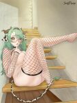  1girl animal_ears ass black_hairband black_sclera breasts cleavage colored_sclera commentary cow_ears cow_girl cow_horns cow_tail crelly english_commentary feet fishnet_sleeves fishnet_thighhighs fishnets glasses green_hair grey_eyes grey_sclera hair_ornament hairband heterochromia highres horns indie_virtual_youtuber iveypwup large_breasts long_hair mismatched_sclera nude plump red_eyes red_nails sideboob sitting solo tail thick_thighs thighhighs thighs virtual_youtuber x_hair_ornament 