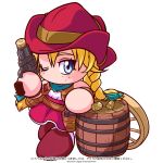  1girl alicia_sinclair ammunition aqua_bow aqua_scarf artist_request barrel belt blonde_hair blue_eyes bow braid brown_belt brown_jacket commentary_request copyright_notice cowboy_hat cowgirl_(western) freckles gun hair_bow handgun hat holding holding_gun holding_weapon holster jacket jikkyou_powerful_pro_yakyuu jikkyou_powerful_pro_yakyuu_(style) jikkyou_powerful_soccer long_hair multicolored_shoes no_mouth official_art one_eye_closed rayman_limbs red_hat red_shoes red_skirt scarf shirt shoes skirt sleeveless sleeveless_shirt solo translation_request twin_braids two-tone_shoes weapon white_background white_shirt white_shoes 