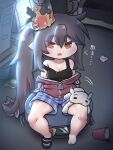  1girl ahoge barefoot bed brown_hair cardboard commentary_request computer fang hair_between_eyes highres long_hair looking_at_viewer loose_clothes mo23 monitor open_clothes open_mouth paper_crown pointy_ears red_eyes risty_(trickcal) robotic_vacuum_cleaner sandals shoes shorts side_ponytail single_shoe sitting solo striped_clothes striped_shorts stuffed_toy table translation_request trash trash_bag trickcal very_long_hair zipper 