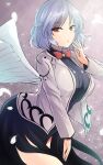  1girl beige_jacket bow bowtie braid dress feathered_wings french_braid grey_wings highres kishin_sagume purple_dress purple_skirt red_eyes silver_hair single_wing skirt solo suit_jacket touhou white_hair white_wings wings y2 