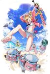  1boy 4girls arms_up barefoot baseball_bat beach bikini bikini_skirt blonde_hair blue_sky breasts burnice_white caesar_king_(zenless_zone_zero) closed_eyes cloud commentary_request diving_mask diving_mask_around_neck feet food fruit goggles hair_ornament hair_scrunchie highres holding holding_baseball_bat jacket large_breasts lighter_(zenless_zone_zero) long_hair luciana_de_montefio luciana_de_montefio_(princess_on_holiday) lucy's_crew_(zenless_zone_zero) metal_baseball_bat multiple_girls navel niihatigounana ocean official_alternate_costume on_innertube one_eye_closed open_mouth outdoors pig pink_jacket pink_visor_cap piper_wheel sand scrunchie side_ponytail skirt sky small_breasts sun swim_ring swimsuit toes visor_cap water watermelon wet white_bikini white_skirt zenless_zone_zero 