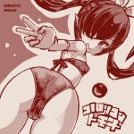  1girl :q ;q arm_behind_back ass backbeako_(torotei) backbeard bare_shoulders bikini blush bow breasts cameltoe closed_mouth commentary cowboy_shot dated dated_commentary dutch_angle from_behind gegege_no_kitarou gloves hair_bow hair_over_one_eye imageboard_colors kono_lolicon_domome long_hair looking_at_viewer looking_back monochrome one_eye_closed original paid_reward_available pear-shaped_figure pointy_ears red_background red_theme simple_background small_breasts smile solo swimsuit tight_clothes tongue tongue_out torotei translated twintails two-tone_background v web_address white_background 
