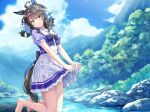  1girl ahoge animal_ears barefoot blue_eyes blue_sky blush bow bowtie breasts brown_hair closed_mouth commentary_request daring_tact_(umamusume) hair_between_eyes hair_ornament horse_ears horse_girl horse_tail kneeling long_hair looking_at_viewer mountain outdoors pleated_skirt puffy_short_sleeves puffy_sleeves purple_bow purple_bowtie purple_shirt river sailor_collar sailor_shirt school_uniform shinohara_shinome shirt short_sleeves shorts shorts_under_skirt skirt sky smile solo star_(symbol) star_hair_ornament summer_uniform tail tracen_school_uniform tree umamusume water wet wet_clothes wet_shirt wet_skirt white_sailor_collar white_skirt wringing_clothes wringing_skirt 