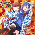  2girls :d :o ^_^ amami_haruka animal_ear_hood animal_ears animal_print black_shirt black_thighhighs blue_bow blue_hair blue_shirt blush bow brown_eyes closed_eyes commentary_request cow_ears cow_print fake_animal_ears hair_bow hair_over_shoulder hood hood_up hooded_jacket horned_hood horns idolmaster idolmaster_(classic) jacket kisaragi_chihaya kisaragi_ichigo long_hair long_sleeves low_twintails multiple_girls open_mouth print_jacket red_bow shirt smile thighhighs translation_request twintails 