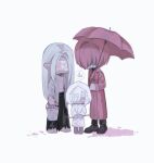  1girl 2boys adashino_adami bandaged_head bandages bandages_over_eyes black_skirt blood blood_on_bandages blood_on_ground bucket chibi coat colored_blood commentary crowbar full_body grey_coat grey_hair highres holding holding_bucket holding_crowbar holding_umbrella homicipher hood hood_up mr._scarletella mr._silvair multiple_boys omu_o22 pink_blood pink_eyes pointy_ears raincoat red_coat red_hair red_umbrella short_hair simple_background skirt standing umbrella untranslatable_commentary white_background white_hair white_raincoat 