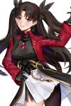  1girl absurdres anoreika_tomoe asymmetrical_legwear black_gloves black_hair black_shirt black_thighhighs breasts commentary earrings fate/stay_night fate/unlimited_blade_works fate_(series) gem gloves highres honkai:_star_rail honkai_(series) hoop_earrings jacket jewelry long_hair looking_at_viewer medium_breasts pantyhose pendant red_gem red_jacket rin's_pendant_(fate) shirt single_leg_pantyhose skirt smile solo thighhighs tohsaka_rin tohsaka_rin_(honkai:_star_rail) two_side_up uneven_legwear white_skirt 