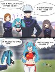  1boy 2026_fifa_world_cup 4girls absurdres aqua_eyes aqua_hair argentina argentinian_miku argentinian_national_soccer_team_uniform blindfold brown_eyes brown_hair character_doll commentary constricted_pupils crossed_arms doll english_commentary estelle_(vtuber) flying_sweatdrops fuwapuchi gojo_satoru hair_ornament hair_scrunchie hand_on_own_hip hatsune_miku hatsune_miku_world_cup_custody_battle_(meme) head_tilt highres holding holding_stuffed_toy indie_virtual_youtuber jujutsu_kaisen jujutsu_tech_uniform kugisaki_nobara long_hair meme midriff multiple_girls narrow_waist navel nervous_sweating on_floor red_scrunchie scrunchie shirt soccer_uniform spain spanish_miku spanish_national_soccer_team_uniform spiked_hair sportswear stuffed_toy sweat tied_shirt tongue tongue_out twintails virtual_youtuber vocaloid watcher_hollow waving_hands white_hair world_cup 