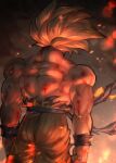  1boy artist_name back blonde_hair check_copyright clenched_hands commentary_request copyright_request cowboy_shot dragon_ball dragon_ball_z embers facing_away from_behind injury male_focus mattari_illust muscular muscular_male orange_pants pants sash shirtless solo son_goku spiked_hair standing super_saiyan torn_clothes torn_pants twitter_username wind wristband 