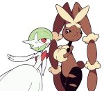  2girls animal_ears animal_nose black_sclera bob_cut body_fur brown_fur colored_sclera colored_skin dress elbow_gloves gardevoir gloves gown green_hair highres hiphighs lopunny mega_gardevoir mega_lopunny mega_pokemon multiple_girls pantyhose pink_eyes pokemon pokemon_(creature) rabbit rabbit_ears rabbit_tail red_eyes sach56000 short_hair strapless strapless_dress sweatdrop tail torn_clothes torn_hiphighs torn_pantyhose two-tone_fur white_dress white_gloves white_skin yellow_fur 