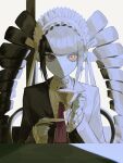  1girl black_hair blunt_bangs celestia_ludenberg chair closed_mouth collared_shirt commentary cup danganronpa:_trigger_happy_havoc danganronpa_(series) drill_hair frilled_shirt frilled_sleeves frills highres holding holding_cup holding_saucer indoors long_hair long_sleeves looking_at_viewer maid_headdress nebusokuuuuuuu neck_ribbon necktie red_eyes red_necktie ribbon saucer shirt sitting smile solo table teacup twin_drills untranslatable_commentary very_long_hair white_shirt window wing_collar 