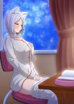  1girl absurdres animal_ear_fluff animal_ears blush cat_ears cat_girl cat_tail chair closed_eyes commentary_request female_masturbation grey_hair highres implied_fingering masturbation pajamas sam_vrc46 satou_imoko short_hair sitting solo tail white_pajamas yani_neko 