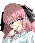  1girl black_ribbon blue_eyes blush collared_shirt commentary diffraction_spikes earrings hair_intakes hair_ribbon highres jewelry kamiina_botan kamiina_botan_yoeru_sugata_wa_yuri_no_hana licking licking_finger long_hair mocchii_(user_tkry4523) pink_hair ribbon shirt simple_background solo star_(symbol) star_earrings stud_earrings tongue tongue_out two_side_up white_background white_shirt 