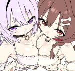  absurdres arm_cuffs bare_shoulders barefoot bikini black_choker bone_hair_ornament breast_press breasts brown_hair choker cleavage commentary crossed_bangs feet frilled_bikini frilled_cuffs frills from_above hair_between_eyes hair_ornament hand_on_own_hip highres hololive imamura_ryou inugami_korone large_breasts light_blush long_hair looking_ahead nekomata_okayu orange_eyes perspective purple_bikini purple_eyes purple_hair red_choker short_hair simple_background smile standing straight_hair swimsuit symmetrical_docking virtual_youtuber white_background yellow_bikini 