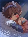  1boy absurdres bed_sheet blush brown_eyes brown_hair closed_mouth collarbone commentary_request hairband highres looking_at_viewer made_in_abyss male_focus mechanical_arms metal_hairband orange_pajamas orange_shirt pajamas pillow reg_(made_in_abyss) sekaineko_001 shirt single_bare_shoulder single_mechanical_arm solo star_(symbol) thick_eyebrows upper_body 