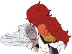  2girls asticassia_school_uniform black_camisole blush bodysuit camisole commentary_request grey_eyes grey_hair gundam gundam_suisei_no_majo long_hair miorine_rembran multiple_girls orange_bodysuit parted_lips red_hair school_uniform simple_background strap_slip suletta_mercury sweat white_background xkaishaku yuri 
