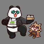  14qoo 1boy 1girl animal-themed_food animal_ears arknights arknights:_endfield arms_up bamboo_steamer black_fur ceobe_(arknights) chibi chibi_only commentary_request da_pan_(arknights) dog_ears fang food furry furry_male grey_background holding holding_bamboo_steamer infection_monitor_(arknights) looking_at_food looking_to_the_side looking_up multicolored_fur open_mouth panda_boy panda_ears smile standing standing_on_one_leg steamed_bun sunglasses translation_request white_fur 