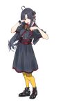  1girl ahoge awa_subaru black_hair black_kimono black_shoes bracelet commentary_request girls_band_cry highres japanese_clothes jewelry kimono kuji_(orca9ji) kuuhaku_to_catharsis long_hair mouth_hold obi one_side_up pantyhose parted_bangs purple_eyes red_ribbon red_sash ribbon ribbon_in_mouth sash shoes sidelocks solo white_background yellow_pantyhose 