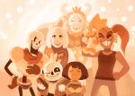  1other 3boys 3girls alphys asgore_dreemurr blonde_hair blush brothers brown_hair couple fish_girl food goat_boy goat_girl group_picture hand_on_own_hip holding holding_food hot_dog hot_dog_bun king lifting_person multiple_boys multiple_girls official_art papyrus_(undertale) red_scarf reptile_girl sans_(undertale) scarf sepia siblings skeleton tem_loaf_(temmie_chang) temmie_chang toriel undertale undyne utdr_(toby_fox) white_fur 