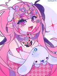  1girl ahoge bandaid bandaid_hair_ornament bone_hair_ornament bra breasts button_hair_ornament candy_hair_ornament cinnamoroll cleavage commentary decora demon_girl demon_horns english_commentary fang fishnet_top fishnets food-themed_hair_ornament hair_ornament hair_scrunchie heart heart_ahoge highres horns indie_virtual_youtuber ironmouse jjoybrat lollipop_hair_ornament long_hair looking_at_viewer multicolored_hair open_mouth pajamas pink_hair pink_pajamas pointy_ears purple_eyes purple_hair purple_streaks scrunchie skin_fang solo sparkle_hair_ornament strawberry_hair_ornament streaked_hair twintails underwear virtual_youtuber white_background white_bra white_horns 