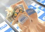  1girl against_glass areola_slip arm_up bow-shaped_hair breast_press breasts brown_eyes cleavage commentary_request covered_nipples cross-shaped_pupils fang from_below grey_hair hand_on_glass hand_on_own_head hideyoshi_(swliyhbpe9xqqze) highres inkling large_areolae large_breasts logo long_pointy_ears looking_at_viewer marie_(splatoon) mole mole_under_eye navel parted_lips pointy_ears ring_light_reflection short_eyebrows smile soap_bubbles solo splatoon_(series) step_and_repeat stomach symbol-shaped_pupils teeth tentacle_hair thick_eyebrows topless_female upper_body wet 