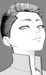  1girl closed_mouth commentary_request dogscratchfever earrings eyelashes grey_background greyscale jewelry lips monochrome original portrait short_hair simple_background solo undercut very_short_hair 