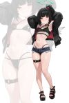  1girl absurdres alternate_costume armpits arms_behind_head arms_up bikini bikini_bottom_under_shorts bikini_under_clothes black_bikini black_hair black_jacket black_shirt blush breasts commentary crop_top cutoffs denim denim_shorts different_zoom_layer english_commentary fishnet_top fishnets full_body green_halo hair_ornament halo highres jacket looking_at_viewer micro_shorts multi-strapped_bikini_bottom nail_polish nangong_yu navel o-ring o-ring_thigh_strap open_clothes open_jacket platform_sandals ponytail purple_nails red_eyes sandals shirt shorts small_breasts solo standing stomach swimsuit thigh_strap thighs toenail_polish toenails weimiaw x_hair_ornament zenless_zone_zero zoom_layer 