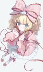  1girl absurdres aqua_eyes artist_name blonde_hair blunt_bangs bow closed_mouth coat collarbone crying crying_with_eyes_open curled_fingers dot_nose dress drill_hair drill_sidelocks flying_sweatdrops frilled_bow frilled_dress frilled_sleeves frills from_above furrowed_brow hair_bow hands_up highres hinaichigo light_blush light_frown lolita_fashion long_hair long_ribbon long_sleeves looking_at_viewer neck_ribbon pantyhose pink_bow quad_drills red_ribbon red_shoes ribbon ribbon_legwear rozen_maiden shoes sidelocks simple_background sin_090 solo standing sweet_lolita tears w_arms white_background white_dress white_pantyhose wide_sleeves 