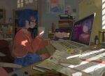  1girl absurdres at_computer blue_hair blue_skirt chair clock computer cup curtains desk from_side hair_ornament highres holding holding_cup indoors koukouya laptop midriff mila_(miside) miside mita_(miside) notebook playing_games playing_video_games poster_(object) short_hair sitting skirt solo sticky_note 