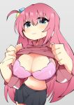  1girl absurdres bad_anatomy bad_hands bocchi_the_rock! bra breasts clothes_lift commentary_request cube_hair_ornament giant_hand gotoh_hitori hair_ornament highres jacket large_breasts long_hair looking_at_viewer navel okitya pink_bra pink_hair pink_jacket skirt solo sweatdrop underwear 