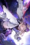  1girl :d absurdres arknights arknights:_endfield breasts commentary curled_horns demon_tail dress flying foreshortening gloves hairband highres horns liino_(arknights) long_hair looking_at_viewer mecha_musume multicolored_horns nail_polish open_mouth partially_fingerless_gloves pointy_ears purple_eyes purple_gloves purple_hairband purple_horns purple_tail see-through_clothes see-through_sleeves sideways smile solo star-shaped_pupils star_(symbol) symbol-shaped_pupils tail thighhighs two-tone_horns zombie_ke 