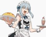  1other @_@ androgynous apron blue_hair blue_ribbon blush food frills holding holding_plate maid maid_apron maid_headdress nervous_sweating niban_ban omelet omurice open_mouth parfait plate raised_inner_eyebrows ribbon rimuru_tempest short_sleeves sweat tensei_shitara_slime_datta_ken upper_body white_background yellow_eyes 