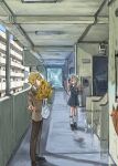 1boy 1girl bag blazer blonde_hair bouquet building commentary day eyepatch flower highres holding holding_bouquet jacket koze_niire makaino_ririmu monitoring_(vocaloid) nijisanji plastic_bag pointing school_uniform serafuku stairs sunflower twintails twitter_username untranslatable_commentary uzuki_kou uzuki_kou_(3rd_costume) virtual_youtuber 