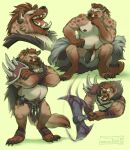  anthro axe balls battle_axe cape claws clothed clothing concoction_(artist) crossed_arms digitigrade eyes_closed fangs flaccid fur genitals gnoll hi_res hyaenid loncloth male mammal melee_weapon musclegut muscular muscular_anthro muscular_male nude open_mouth overweight overweight_anthro overweight_male partially_clothed penis puves sharp_teeth sitting solo standing tan_body tan_fur teeth weapon 