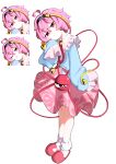  1girl :3 absurdres bat_krub black_hairband blue_shirt buttons closed_mouth collared_shirt commentary_request disembodied_linked_eye eyeball floral_print frilled_shirt_collar frilled_sleeves frills full_body hair_ornament hairband heart heart_button heart_hair_ornament highres komeiji_satori long_sleeves looking_at_viewer multiple_expressions multiple_views one_eye_closed pink_eyes pink_hair pink_skirt pink_socks print_skirt ribbon-trimmed_collar ribbon_trim rose_print shirt simple_background skirt sleeves_past_fingers sleeves_past_wrists smile smug socks touhou white_background white_socks wide_sleeves 