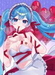  1girl absurdres apron arm_ribbon balloon bare_shoulders blue_eyes blue_hair blush breasts closed_mouth commentary_request cowboy_shot crop_top cropped_shirt crossed_bangs double-parted_bangs four-finger_heart_hands frilled_apron frills gradient_background hatsune_miku heart heart_balloon heart_hands highres long_hair looking_at_viewer maid_headdress midriff navel purple_background red_ribbon red_skirt ribbon sakanoi_noa shirt skirt small_breasts smile solo strapless strapless_shirt twintails vocaloid waist_apron watermark white_apron white_shirt 