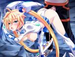  1boy 1girl arm_support bent_over black_pants blonde_hair blue_eyes blue_skirt blush boots breasts breasts_out censored clothes_lift clothing_aside clothing_cutout cool_seven cum cum_in_pussy cumdrip defloration from_above game_asset half-closed_eyes headgear juliet_sleeves knee_boots kue_nanaka large_breasts leotard leotard_aside long_hair long_sleeves magical_girl mikoshi_matsuri mosaic_censoring nega0 nipples non-web_source nose_blush official_art outdoors pants pleated_skirt puffy_sleeves revealing_clothes rock sex sex_from_behind shirt shoes short_sleeves showgirl_skirt skirt skirt_lift sneakers standing twintails very_long_hair white_boots white_leotard white_shirt 