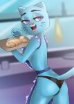  2019 anthro apron baking baking_tray black_clothing black_panties black_underwear blue_body breasts butt cartoon_network clothing domestic_cat felid feline felis female food looking_back mammal nicole_watterson open_mouth panties portrait purple_eyes rear_view rin_tyan side_boob solo steam the_amazing_world_of_gumball three-quarter_portrait underwear 