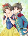  1boy 1girl akizuki_ryo androgynous antenna_hair ariga_nao black_hair blue_eyes blush bow brown_eyes brown_hair commentary_request cosplay crossdressing crossdressing_(ftm) crossdressing_(mtf) dated dress east-west_crossover hairband idolmaster idolmaster_(classic) idolmaster_dearly_stars kikuchi_makoto nail_polish open_mouth own_hands_together parody pink_nails prince_charming_(disney) prince_charming_(disney)_(cosplay) puff_and_slash_sleeves puffy_sleeves reverse_trap revision role_reversal short_hair short_sleeves smile snow_white_(disney) snow_white_(disney)_(cosplay) snow_white_and_the_seven_dwarfs_(disney) trap 