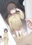  1boy 1girl ? absurdres ahoge blue_hair blush bob_cut brown_hair closed_eyes clothes_pull colored_inner_hair commentary_request drooling highres mouth_drool multicolored_hair okishiro_momoka_(shin_no_tenpii) open_mouth original pajamas pants pants_pull shin_no_tenpii shirt short_hair sleepy speech_bubble spoken_question_mark squeans translation_request yellow_pajamas yellow_pants yellow_shirt 