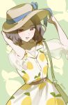  1girl :d absurdres arm_behind_head arm_up bag bare_arms belt blue_ribbon brown_belt brown_hair commentary dress ebizuka_tomo food food_print fruit fruit_print girls_band_cry green_background green_bag handbag hands_on_headwear hat highres kuji_(orca9ji) lemon medium_hair open_mouth patterned_background red_eyes ribbon see-through_clothes see-through_sleeves shirt signature smile solo sun_hat sundress three-quarter_sleeves twitter_username untranslatable_commentary white_dress white_shirt 