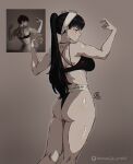  1girl 2026 artist_name ass breasts commentary earrings english_commentary frown hairband huge_ass jewelry jk_arts long_hair looking_to_the_side partially_colored patreon_logo patreon_username photo-referenced ponytail signature solo spy_x_family tank_top toned yor_briar 