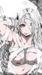  1girl arm_up armpits artist_name bandages black_lips breasts earrings green_eyes highres jewelry large_breasts lipstick long_hair makeup mummy_costume naked_bandage navel one_eye_covered original solo upper_body white_hair yama_curacao 