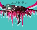  1girl arm_ribbon blush boots bow commentary_request dress frills front_ponytail full_body green_background green_eyes green_hair hair_bow hair_ornament hair_ribbon itomugi-kun kagiyama_hina lace-up_boots long_hair mountain_of_faith red_dress ribbon touhou 