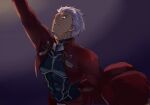  1boy archer_(fate) arm_up clenched_teeth commentary_request constricted_pupils covered_abs dark-skinned_male dark_skin fate/stay_night fate_(series) highres jacket looking_up male_focus outside_border profile reaching red_jacket red_skirt shibanui skirt solo teeth upper_body white_hair 