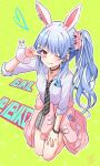  1girl :q ;q absurdres animal_ear_fluff animal_ears black_necktie blue_hair blush bow cardigan cardigan_around_waist closed_mouth clothes_around_waist collared_shirt commentary_request diagonal-striped_clothes diagonal-striped_necktie don-chan_(usada_pekora) ear_piercing full_body green_background grey_skirt hair_bow hair_ornament hairclip heart highres hololive kiritoma kneeling long_hair long_sleeves multicolored_hair necktie one_eye_closed piercing pink_cardigan pleated_skirt puffy_long_sleeves puffy_sleeves rabbit-shaped_pupils rabbit_ears red_eyes school_uniform shirt short_eyebrows side_ponytail signature simple_background skirt smile solo streaked_hair striped_clothes striped_necktie symbol-shaped_pupils thick_eyebrows tongue tongue_out usada_pekora usada_pekora_(12th_costume) v v_over_eye virtual_youtuber white_bow white_hair white_shirt 