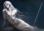  1boy 9eujang absurdres closed_eyes commentary english_commentary english_text feet_out_of_frame highres long_hair male_focus navel original pale_skin planted planted_sword pointy_ears solo sword toned toned_male very_long_hair weapon white_hair 