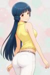  1girl ass belt blue_hair breasts bright_pupils brown_belt brown_eyes commentary_request cowboy_shot frills from_behind highres idolmaster idolmaster_million_live! kitakami_reika long_hair looking_at_viewer looking_back medium_breasts pink_background shanty_imas shirt sleeveless sleeveless_shirt smile solo thighs twintails white_pupils yellow_shirt 