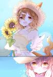  2girls absurdres animal_ears blush breasts brown_eyes brown_hair commentary_request dantsu_flame_(umamusume) ears_through_headwear fang flower hair_between_eyes hair_flower hair_ornament hairclip hat highres holding horse_ears horse_girl jungle_pocket_(umamusume) long_sleeves medium_hair multicolored_hair multiple_girls open_mouth outstretched_arm reya_p_d3 skirt small_breasts smile straw_hat sun_hat sunflower sunflower_hair_ornament tank_top umamusume white_hair white_skirt yellow_eyes yellow_tank_top 